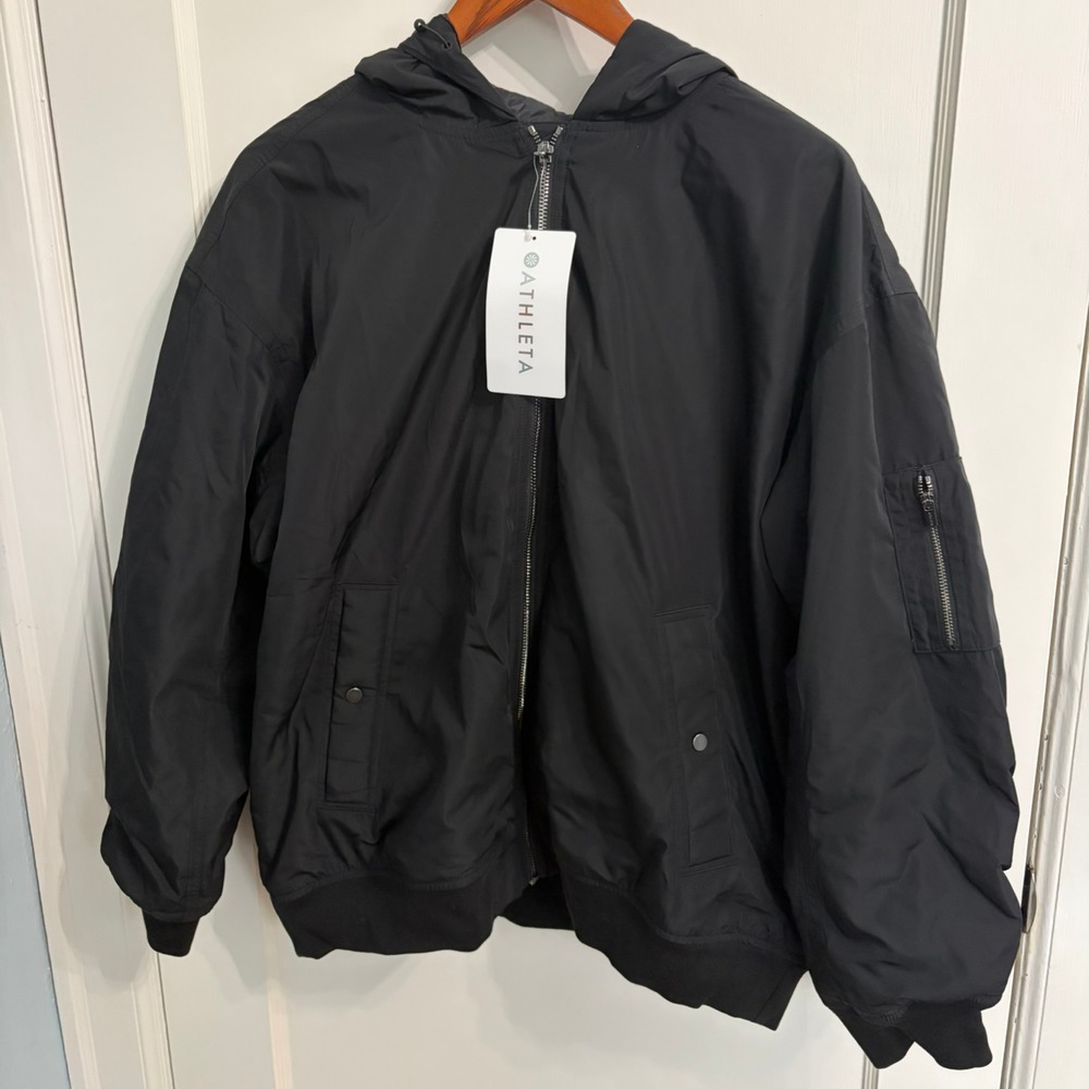 NWT Athleta Upfield Bomber Jacket Womens M Black Hooded Water Repellent $219